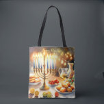 Bolsa Tote Happy Hanukkah<br><div class="desc">Ilustração de aquarela de Hanukkah. Uma mesa bem arrumada para uma comemoração festiva,  com uma menorah tradicional com velas iluminadas. Luz suave e quente,  enquanto decorações de férias adicionam um toque de alegria. Luzes quentes criando uma atmosfera acolhedora e convidativa.</div>