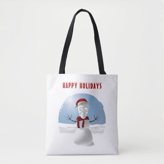 Bolsa Tote Happy Holidays. Funny skull-head snowman (Frente)