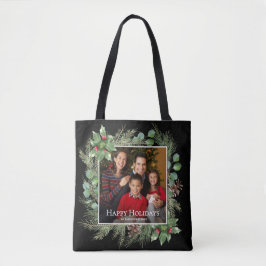 Bolsa Tote Happy Holidays Photo Wreath Botanical