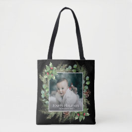 Bolsa Tote Happy Holidays Photo Wreath Greenery Square