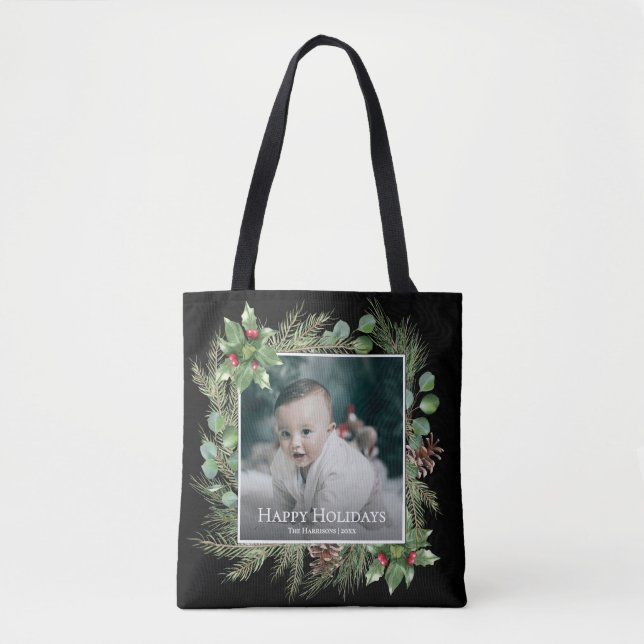 Bolsa Tote Happy Holidays Photo Wreath Greenery Square (Frente)