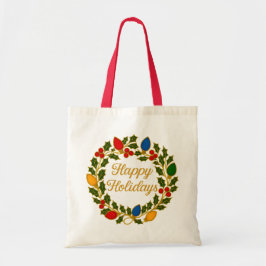 Bolsa Tote Happy Holidays Wreath Christmas Lights and Holly