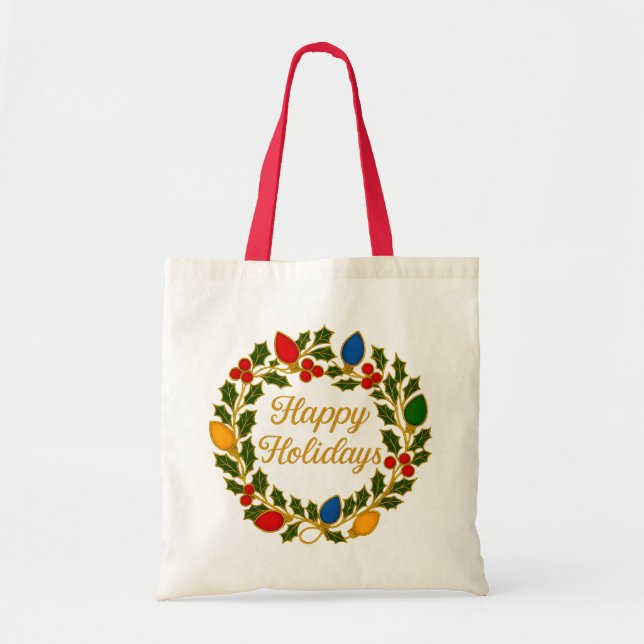 Bolsa Tote Happy Holidays Wreath Christmas Lights and Holly (Frente)