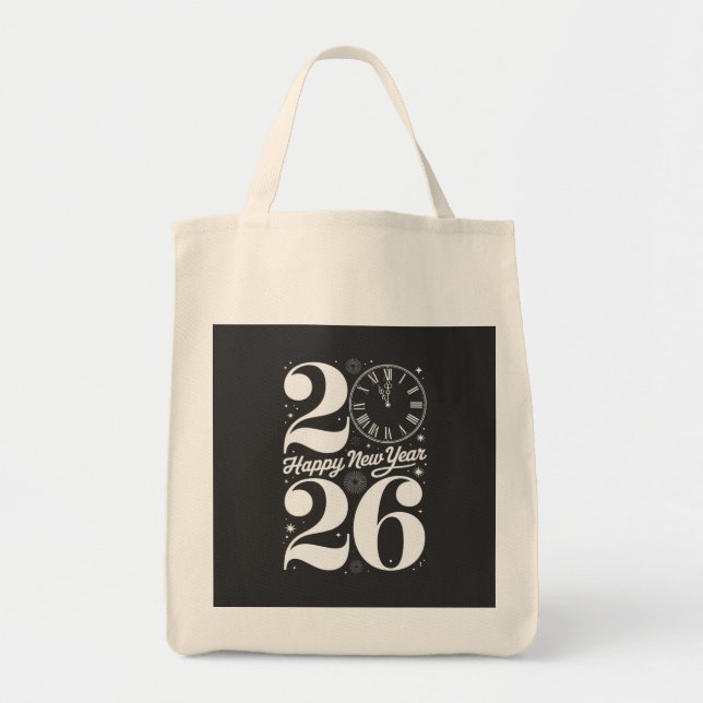 Bolsa Tote Happy New Year 2026 Midnight Clock Countdown (Frente)