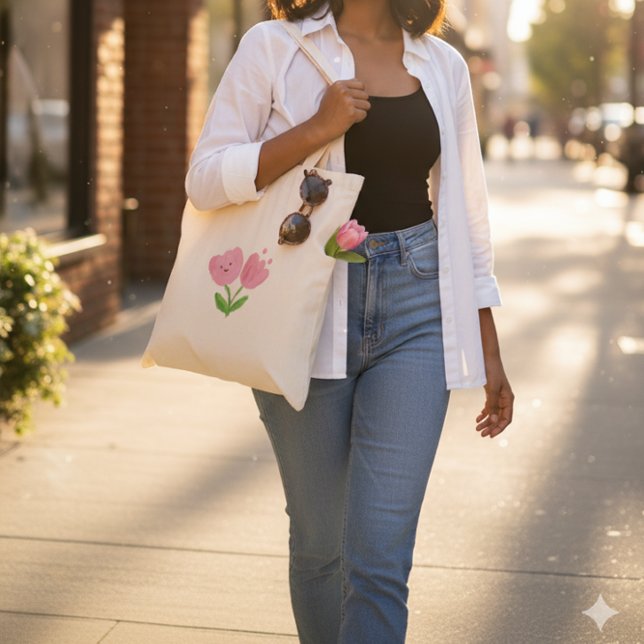Bolsa Tote Happy Pink Tulip Heart Face Cute Flower Tote Bag (Criador carregado)