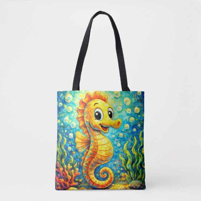 Bolsa Tote Happy Seahorse Underwater Art - Kids Ocean (Frente)