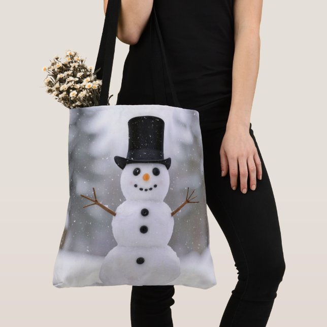 Bolsa Tote Happy Snowman Wearing a Top Hat (Close Up)