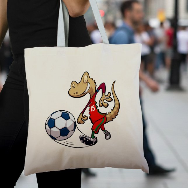 Bolsa Tote Happy Soccer Star Gecko Kicking Futebol Cartoon (Criador carregado)