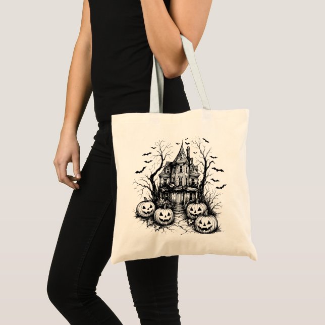 Bolsa Tote Haunted House Black and White Halloween (Frente (produto))