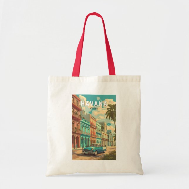 Bolsa Tote Havana Cuba Illustração Viagem Art Vintage (Frente)