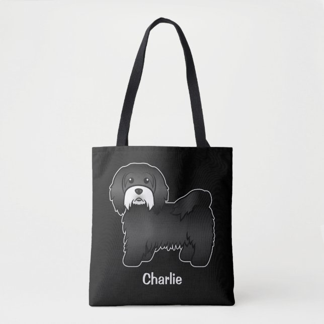 Bolsa Tote Havanês Preto Com Bigode Branco e Texto Personaliz (Frente)