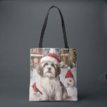 Bolsa Tote Havanese Winter Wonderland Christmas Joy<br><div class="desc">Este design festivo captura o espírito alegre da época de férias, apresentando um adorável filhote vestindo um chapéu de Papai Noel. O cachorro está aninhado numa terra maravilhosa de inverno, completo com um boneco de neve, uma árvore de Natal decorada, e presentes lindamente envoltos. Os flocos de neve caem suavemente,...</div>