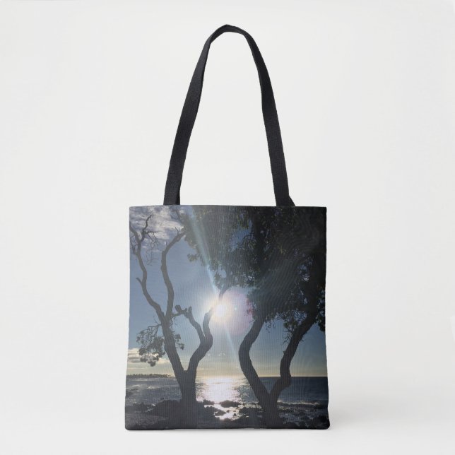 Bolsa Tote Hawaii Sunlit Trees Shore Blue Nature Fotografia (Frente)