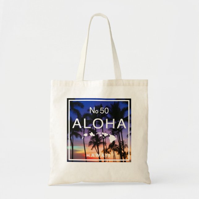 Bolsa Tote Hawaiian Sunset Vibes com Palm Trees Brilha (Frente)