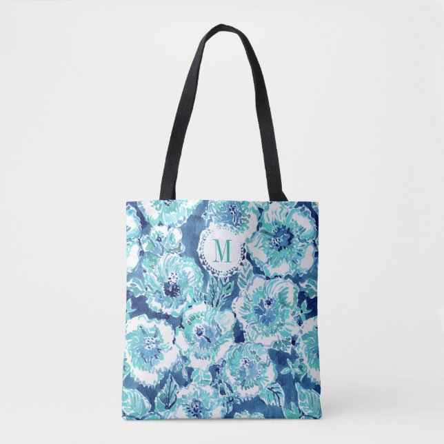 Bolsa Tote Hawaiian tropical azul da RECOMPENSA do HIBISCUS (Frente)