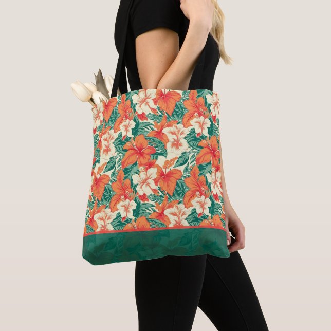 Bolsa Tote Hawaiian vibe colorful tropical flowers pattern (Close Up)