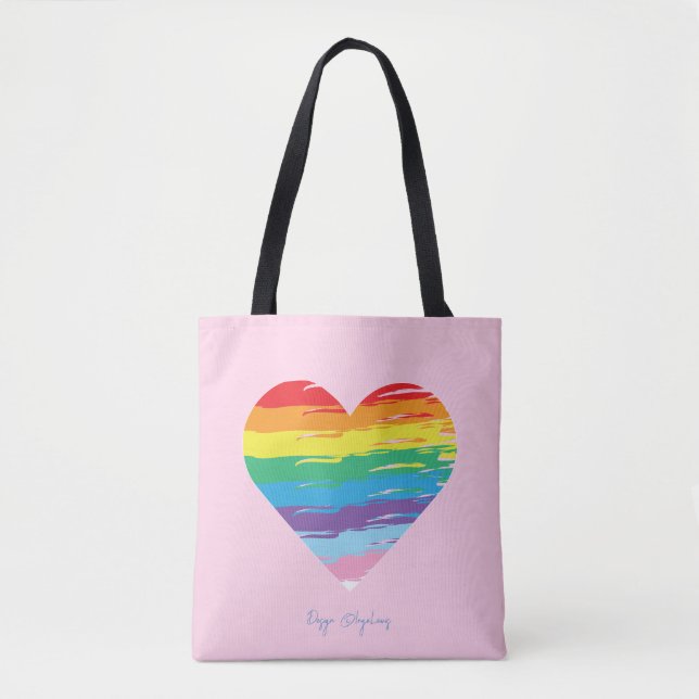 Bolsa Tote HEART LGBTQIA Sinalizador Arco-Íris, Saco Rosa de  (Frente)