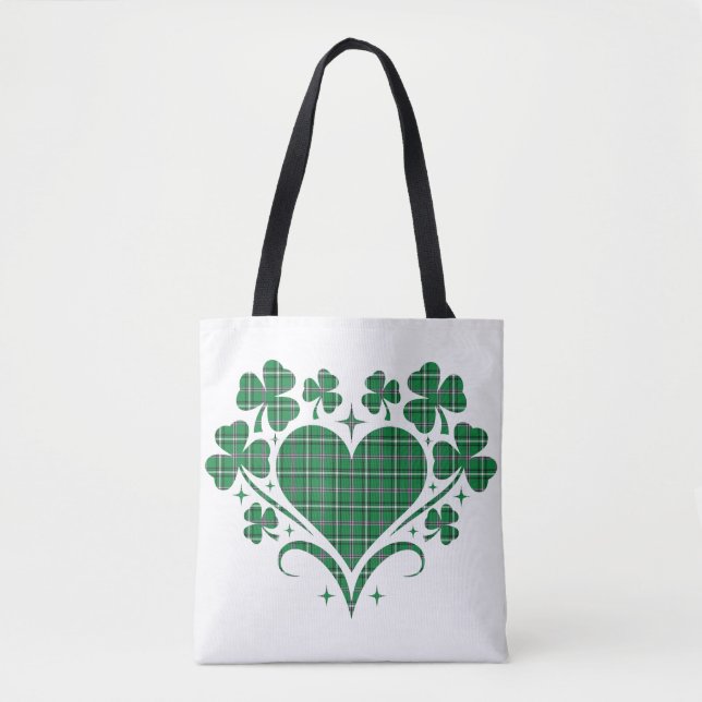 Bolsa Tote Heart Shamrock Plaid Green Classic Clover (Frente)