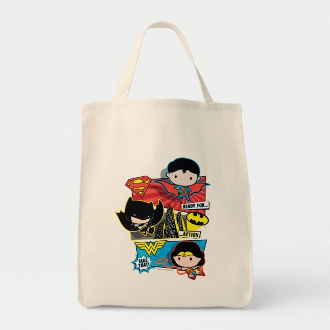 Bolsa Tote Heróis Chibi Prontos Para Ação! (Frente)