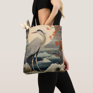 Bolsa Tote Heron na Arte Japonesa da Noite Ukiyo
