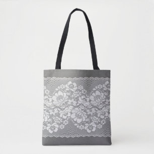 Bolsa Tote Hetero branco de tecido de rendas na cinza