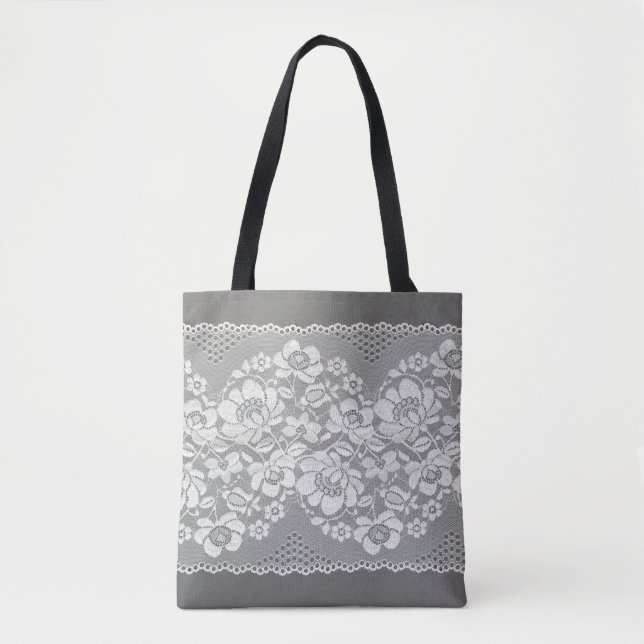 Bolsa Tote Hetero branco de tecido de rendas na cinza  (Frente)