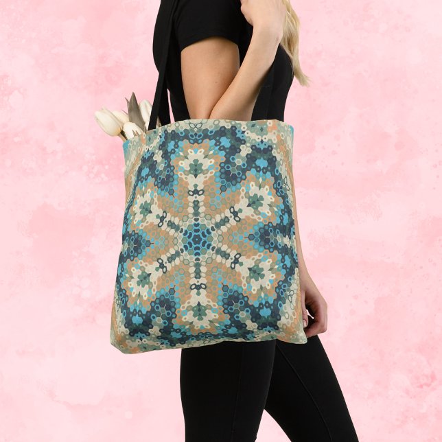 Bolsa Tote Hex Mandala Blue e Orange (Blue and Orange Hexagon Mandala Tote Bag by Wormhole Orbital)