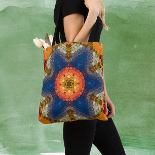 Bolsa Tote Hex Mandala Blue Orange e Red