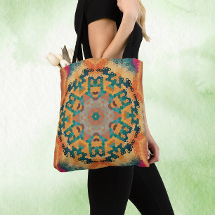 Bolsa Tote Hex Mandala Orange e Blue