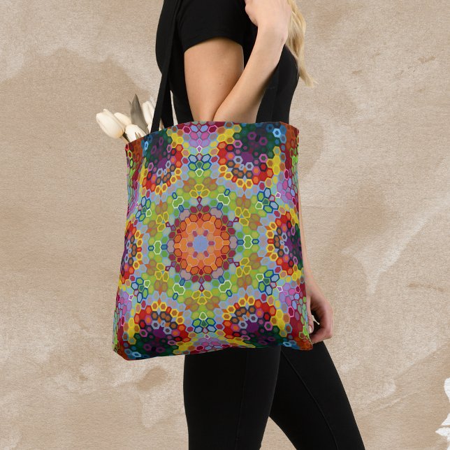 Bolsa Tote Hex Mandala Verde Rosa e Laranja (Green Pink and Orange Hexagon Mandala Tote Bag by Wormhole Orbital)
