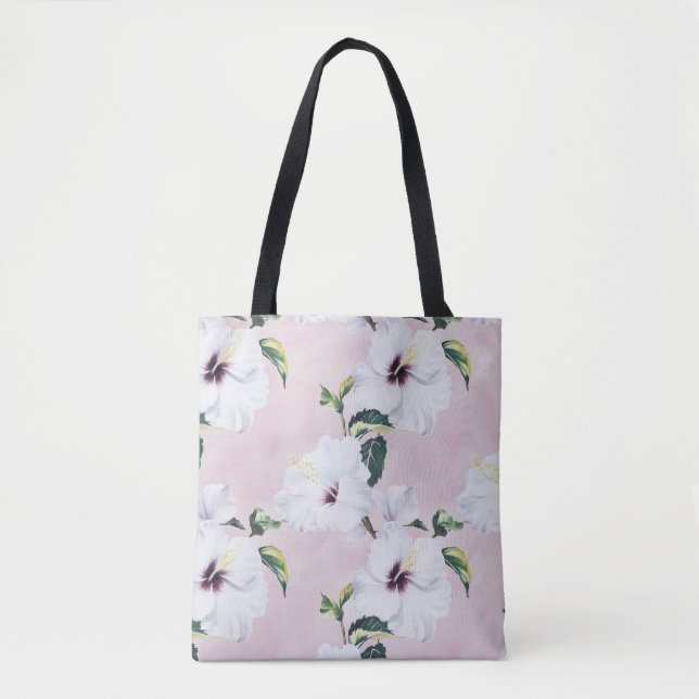 Bolsa Tote Hibisco Branco Elegante sobre fundo cor-de-rosa su (Frente)