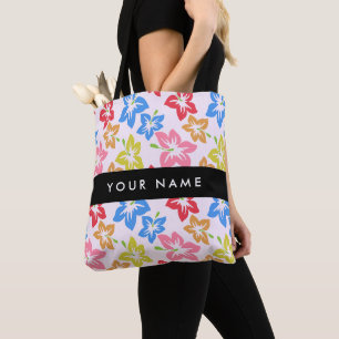 Bolsa Tote Hibisco Colorido, Padrão de Flores, Seu Nome