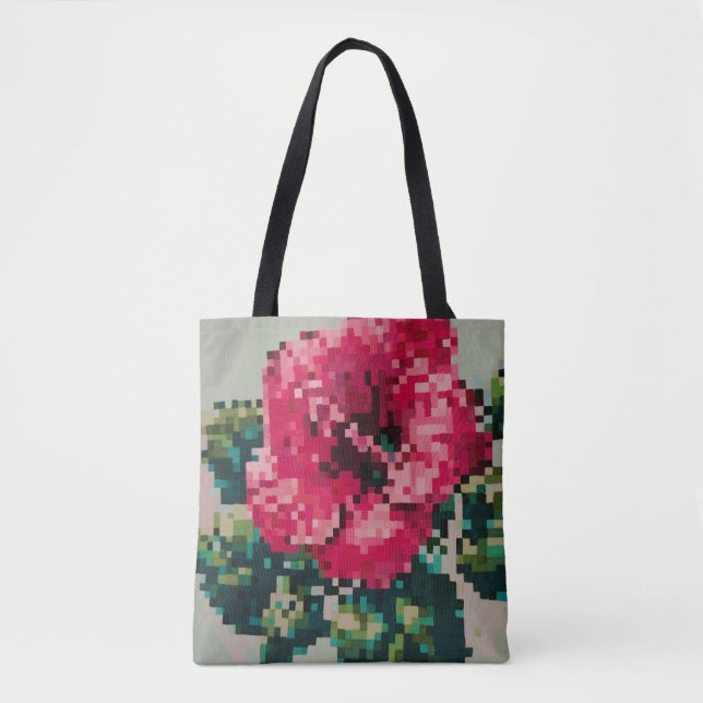 Bolsa Tote Hibisco pixelado com fundo de hortelã (Frente)