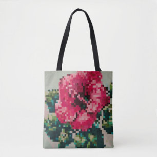 Bolsa Tote Hibisco pixelizado sobre Fundo Mentha