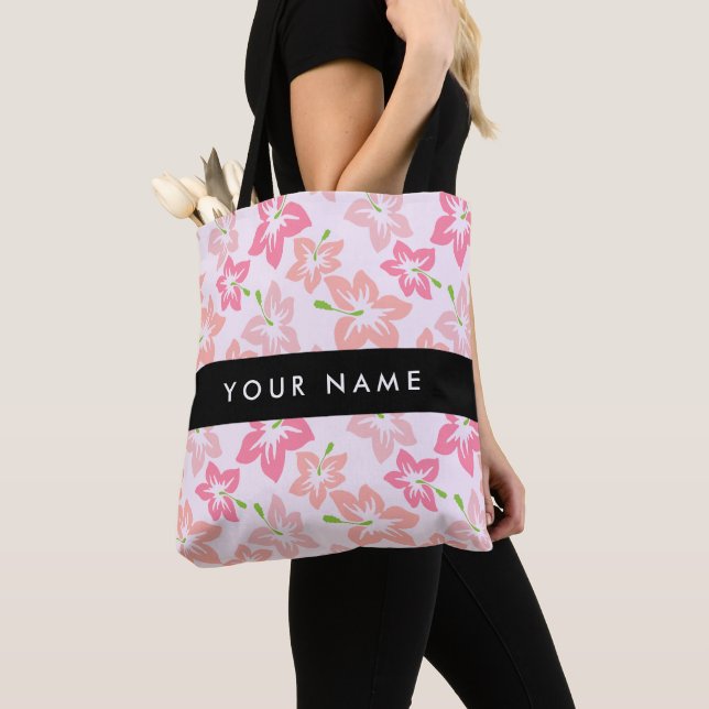 Bolsa Tote Hibisco Rosa, Flores Rosas, Seu Nome (Close Up)
