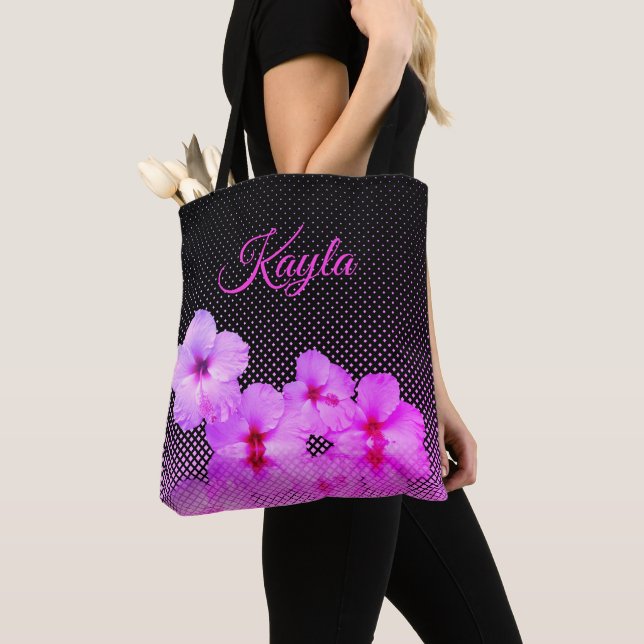 Bolsa Tote Hibisco Rosa Quente a Preto e Rosa Verificado (Close Up)