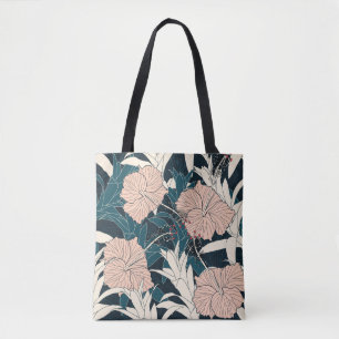 Bolsa Tote hibisco rosa tropical, fundo escuro