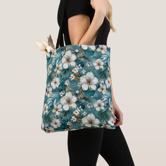 Bolsa Tote Hibisco Tropical Floral Azul Turquesa (Close Up)