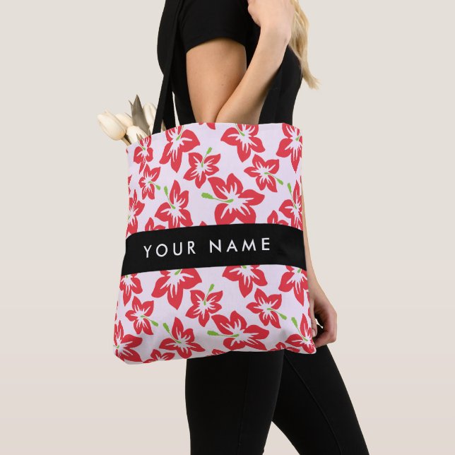 Bolsa Tote Hibisco Vermelho, Flores Vermelhas, Seu Nome (Close Up)