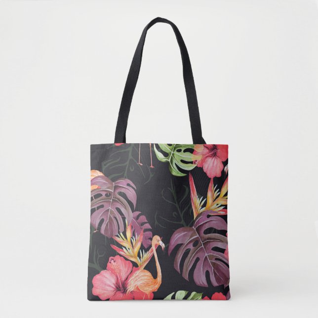 Bolsa Tote Hibiscus, Flamingos, Padrão Tropical Watercolor. (Frente)