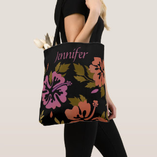 Bolsa Tote Hibiscus Flowers Hawaiai design pink nome de pêsse