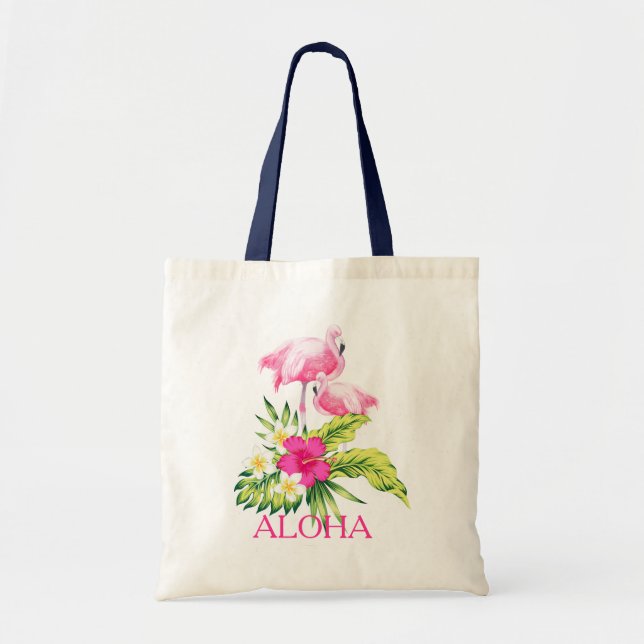 Bolsa Tote Hibiscus & Pink Flamingos Tropicais Design (Frente)