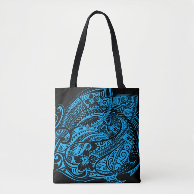 Bolsa Tote HIBISCUS POLYNESIAN TRIBAL LtBlue (Frente)