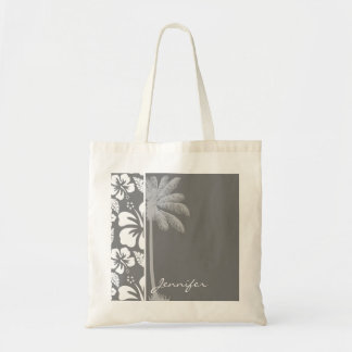 Bolsa Tote Hibiscus Tropical do Havaí, cinza; Palma de Verão