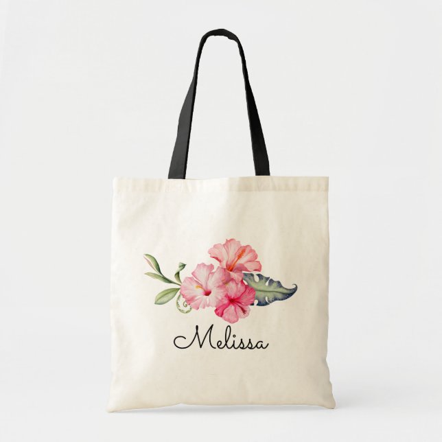 Bolsa Tote Hibiscus Tropical do Monograma Personalizado (Frente)