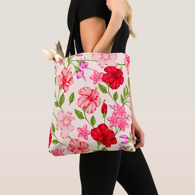Bolsa Tote Hibiscus Tropical e Plumeria Padrão Floral (Criador carregado)