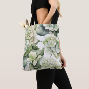 Bolsa Tote Hídrangas florais de cor branca esverdeada Elegant
