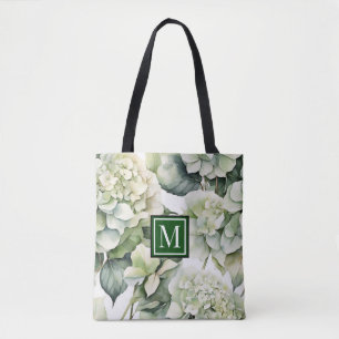 Bolsa Tote Hídrangas florais de cor branca esverdeada Elegant