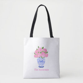 Bolsa Tote Hidrângea Rosa Aquarela Nome Chinoiserie