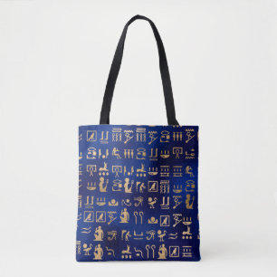 Bolsa Tote Hieróglifos Antigos Egípcios Dourados em Azul